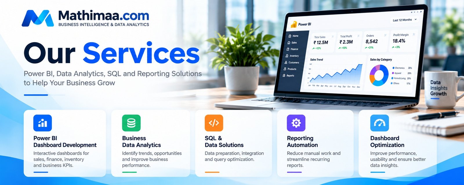 Mathimaa.com Power BI dashboard development, business data analytics, SQL solutions, reporting automation and dashboard optimization services