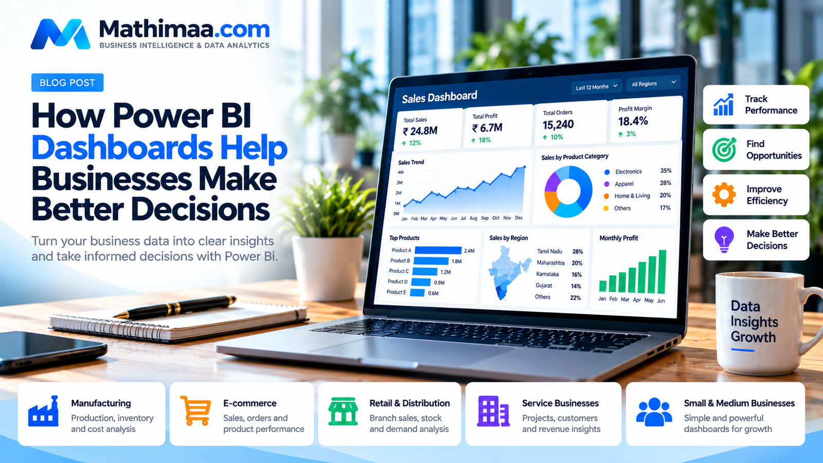 How Power BI Dashboards Help Businesses Make Better Decisions Mathimaa.com Power BI sales dashboard showing revenue, profit, sales trends, product performance and business analytics insights
